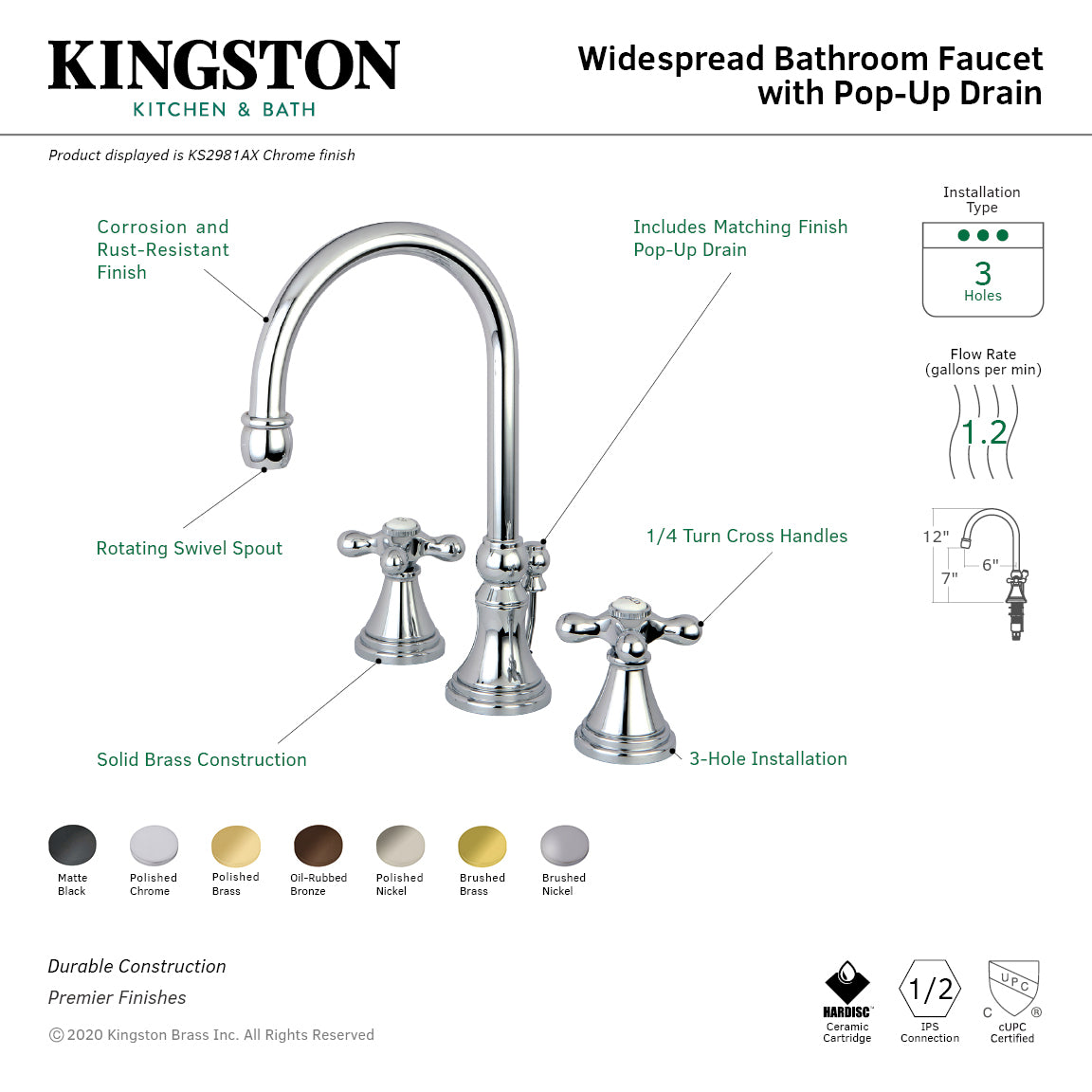 Kingston Tulare KS2981AX - Governor Two-Handle 3-Hole Deck Mount Widespread Bathroom Faucet with Brass Pop-Up, Polished Chrome — thumbnail 3
